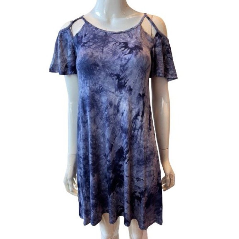 NWT Penelope Tree Womens Shift Dress Tie Dye Round Neck Short Sleeve Navy SZ 12